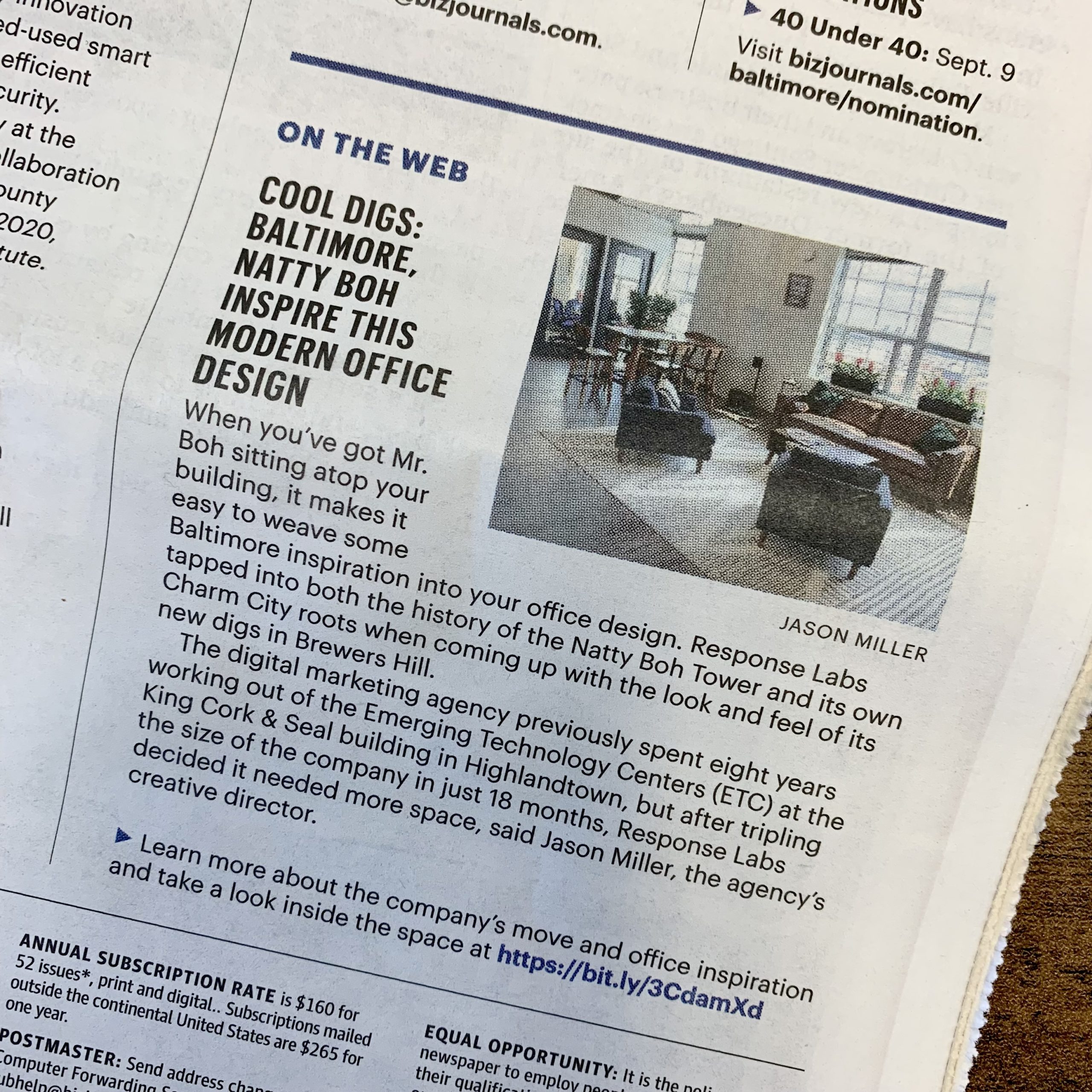 Baltimore Business Journal "Cool Digs" Feature of Response Labs Baltimore Headquarters