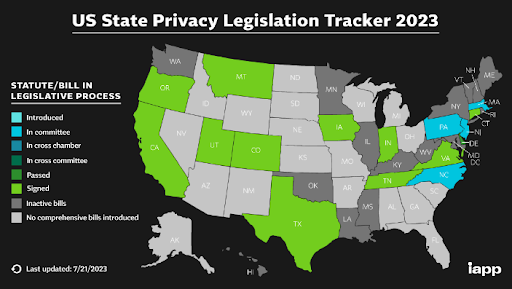 This image shows a map of the U.S. color-coded for the various stages of data privacy legislation. Learn more here: https://iapp.org/resources/article/us-state-privacy-legislation-tracker/