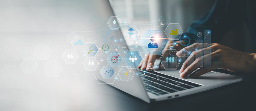 Illustration of customer data dashboards, loyalty program charts, and CRM system workflows, symbolizing CRM strategy and organizational maturity development.