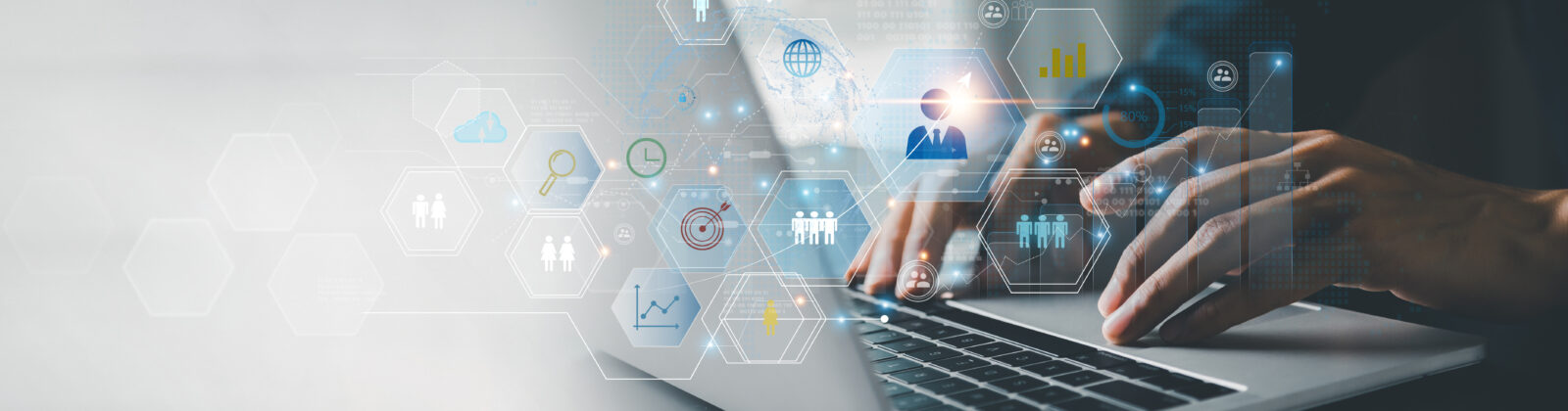 Illustration of customer data dashboards, loyalty program charts, and CRM system workflows, symbolizing CRM strategy and organizational maturity development.