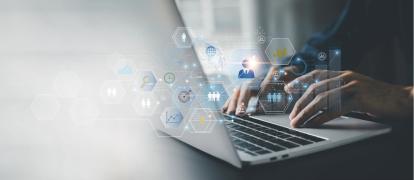 Illustration of customer data dashboards, loyalty program charts, and CRM system workflows, symbolizing CRM strategy and organizational maturity development.